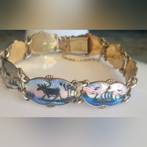 Guilloche Sterling Norway Scene Panel Links Ivar Holt 925 1950's Signed Bracelet - Picture 13 of 14